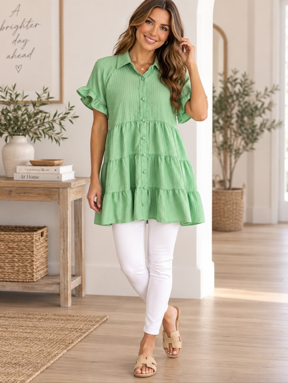Umgee Large Green Textured Tiered Button Front Ruffle Sleeve Tunic Top